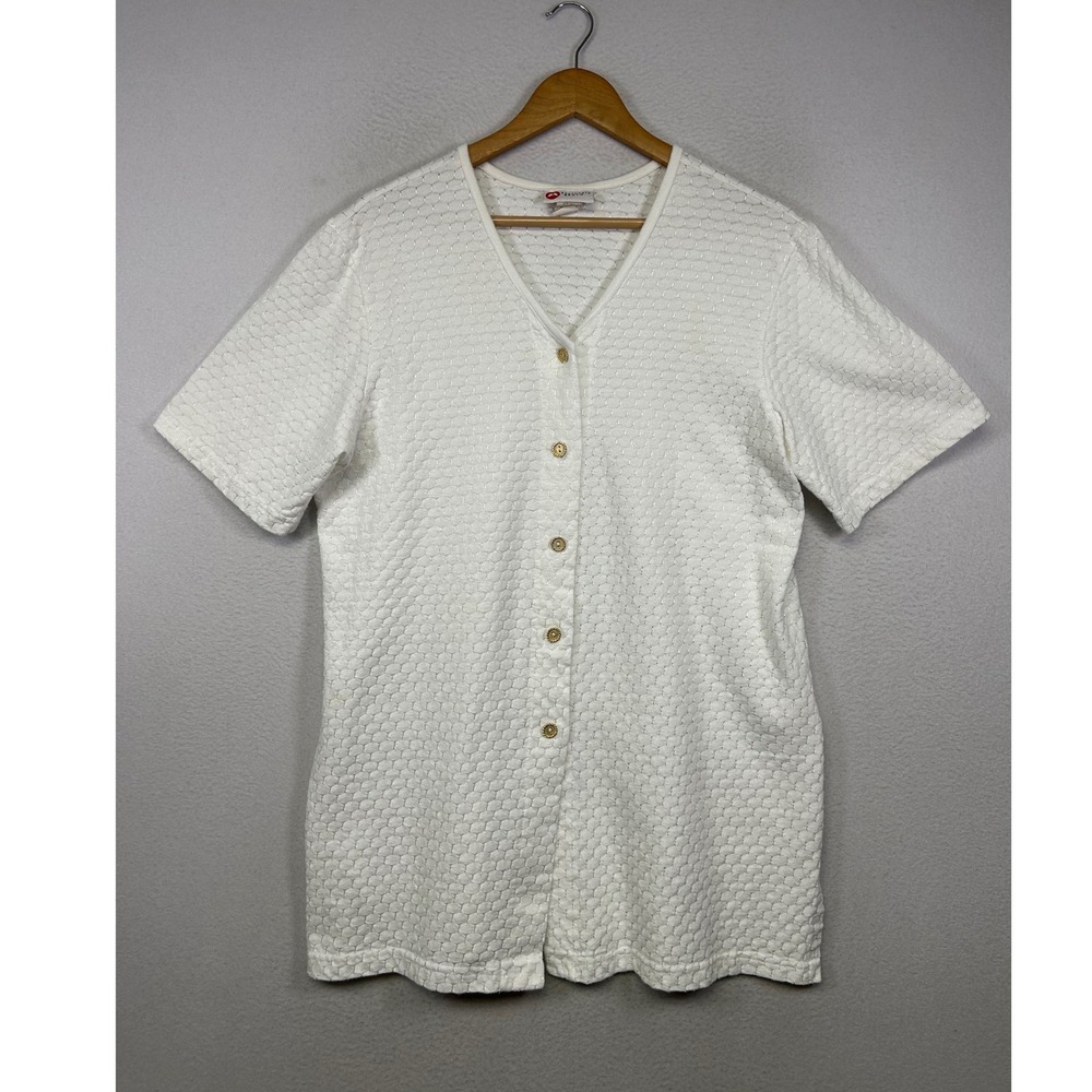 Coastal Shimmer Absolutely Beach‎ Womens XL White Honeycomb Button Front Top USA